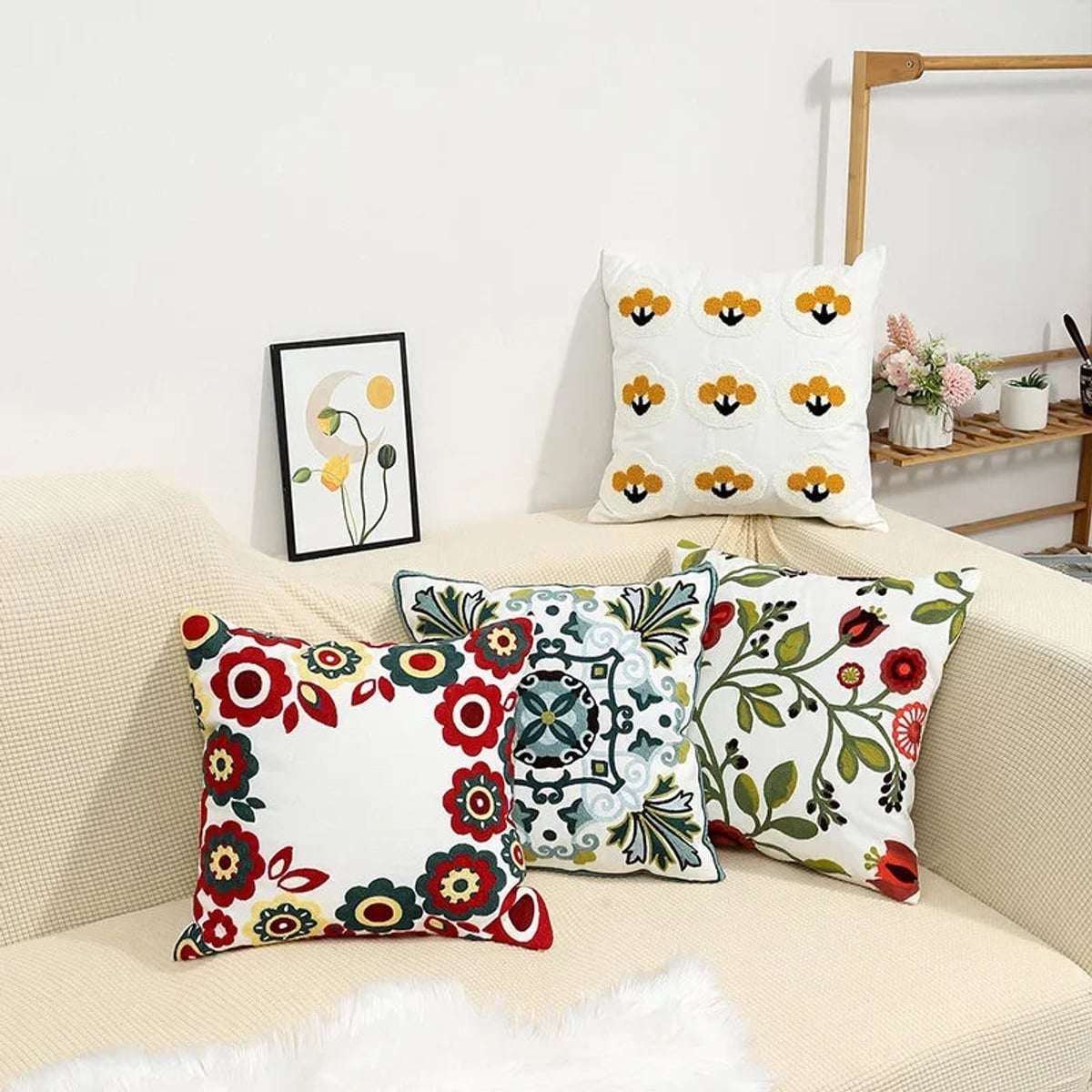 floral embroidered pillow cover