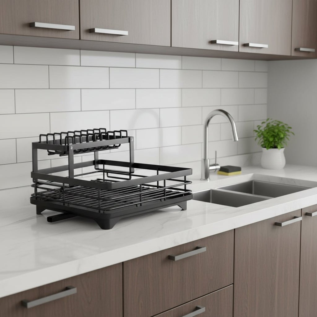 foldable dish drying rack in black double layer