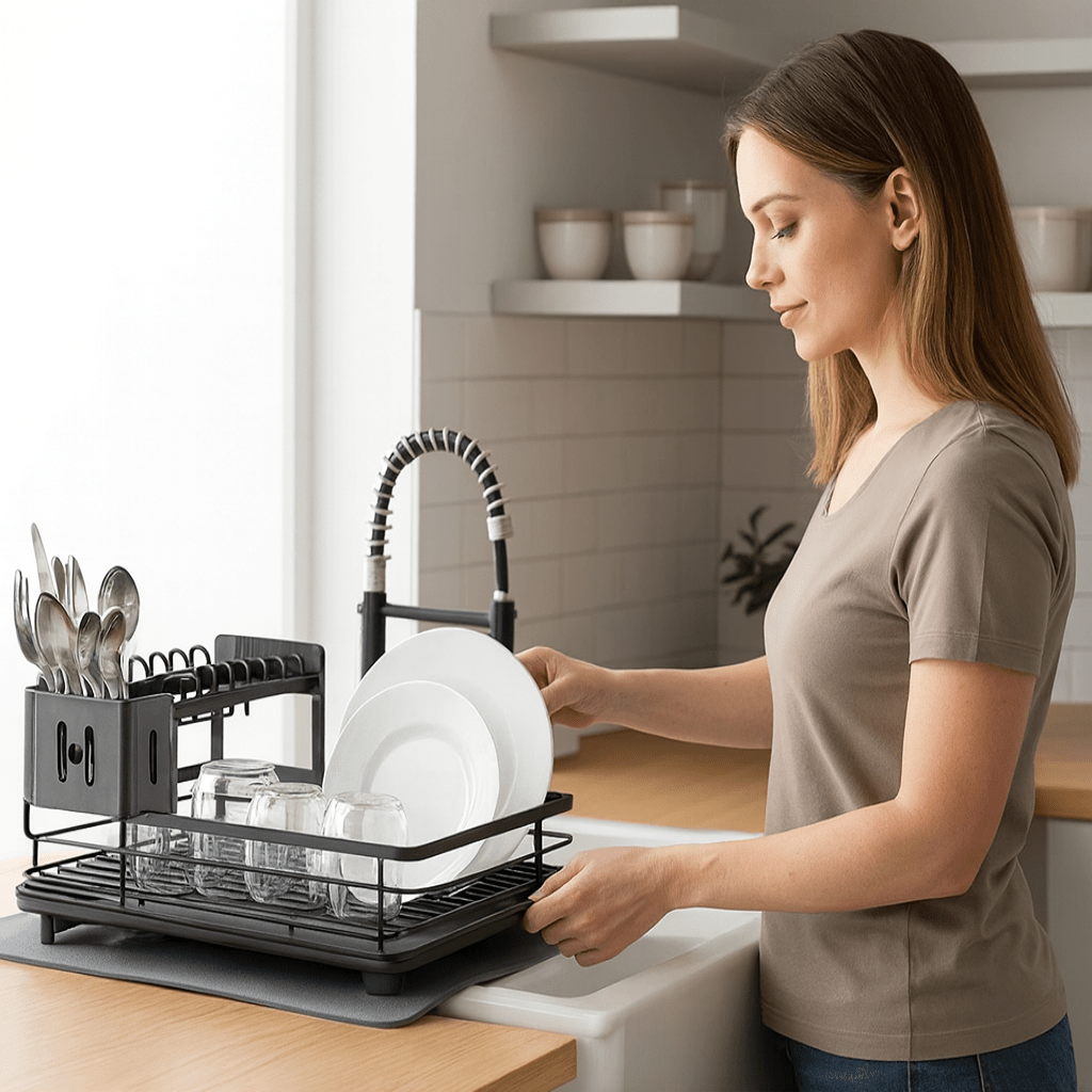 foldable dish drying rack in black double layer