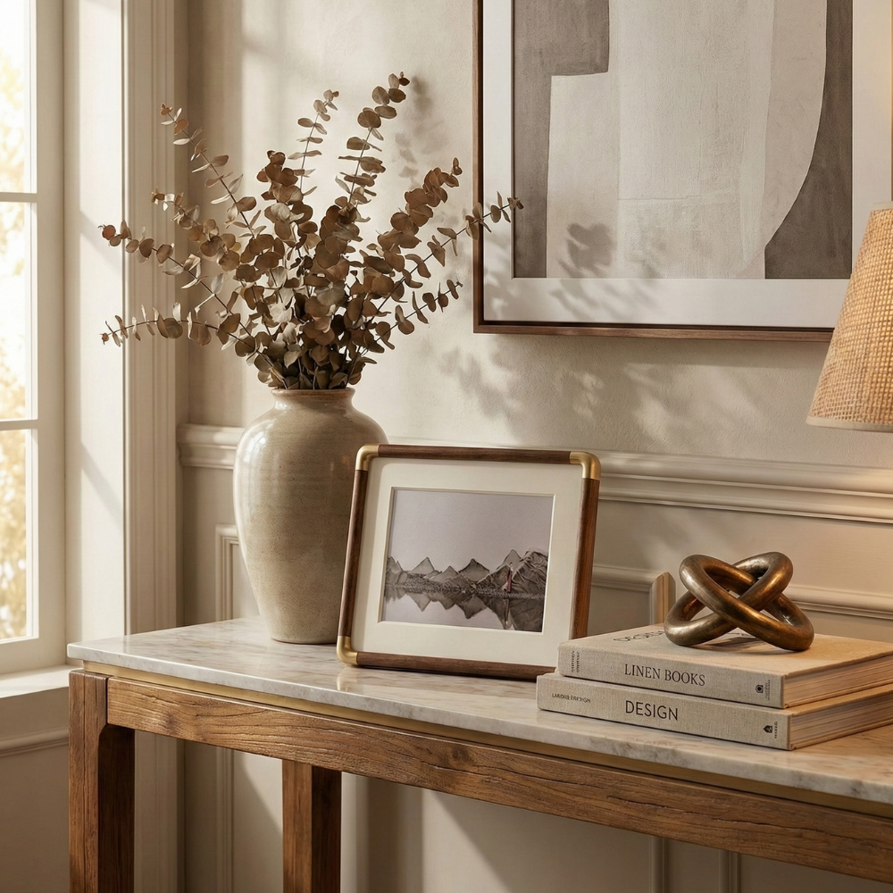freestanding photo frame with gold corner detail