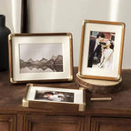 freestanding photo frame with gold corner detail