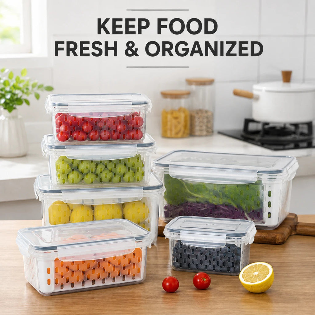 fridge storage containers with drain baskets