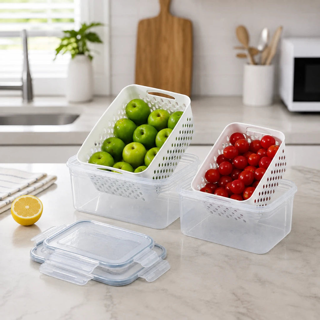 fridge storage containers with drain baskets