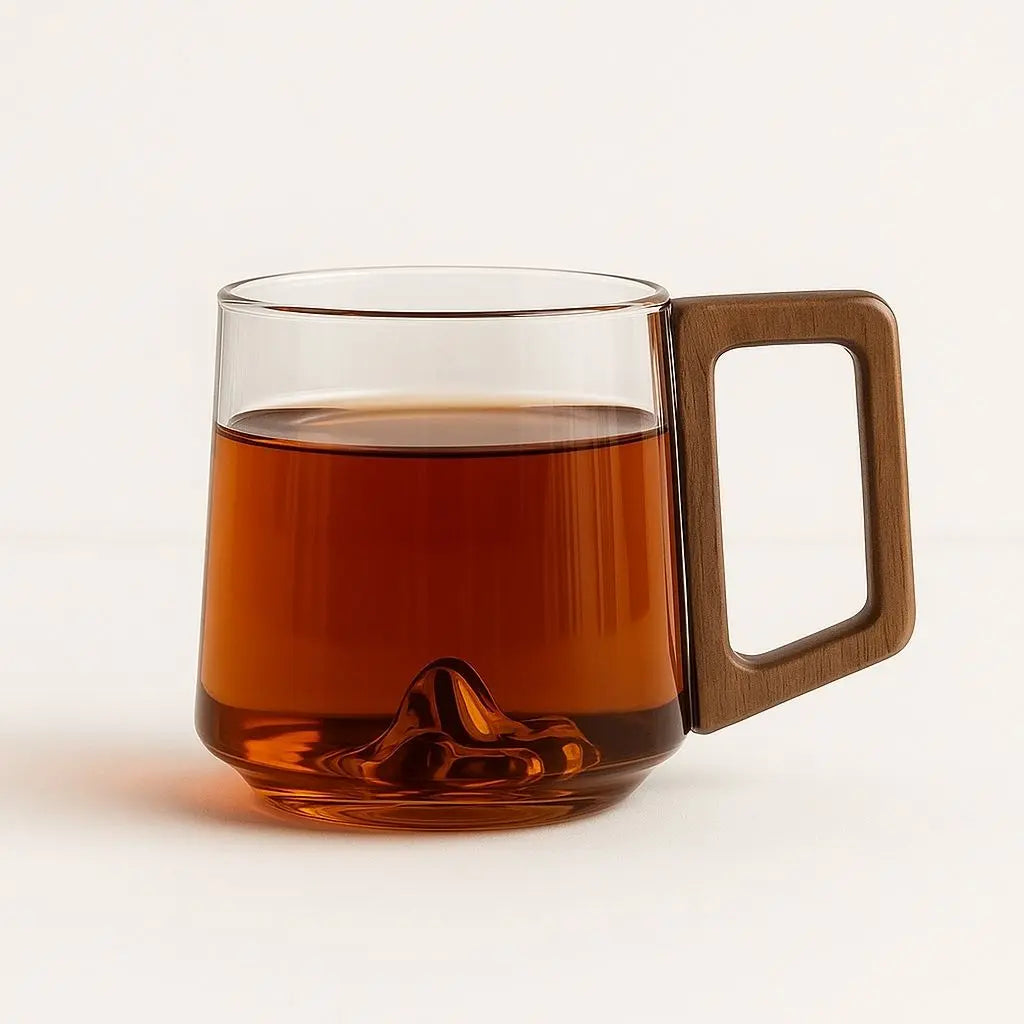 glass mug with wooden handle