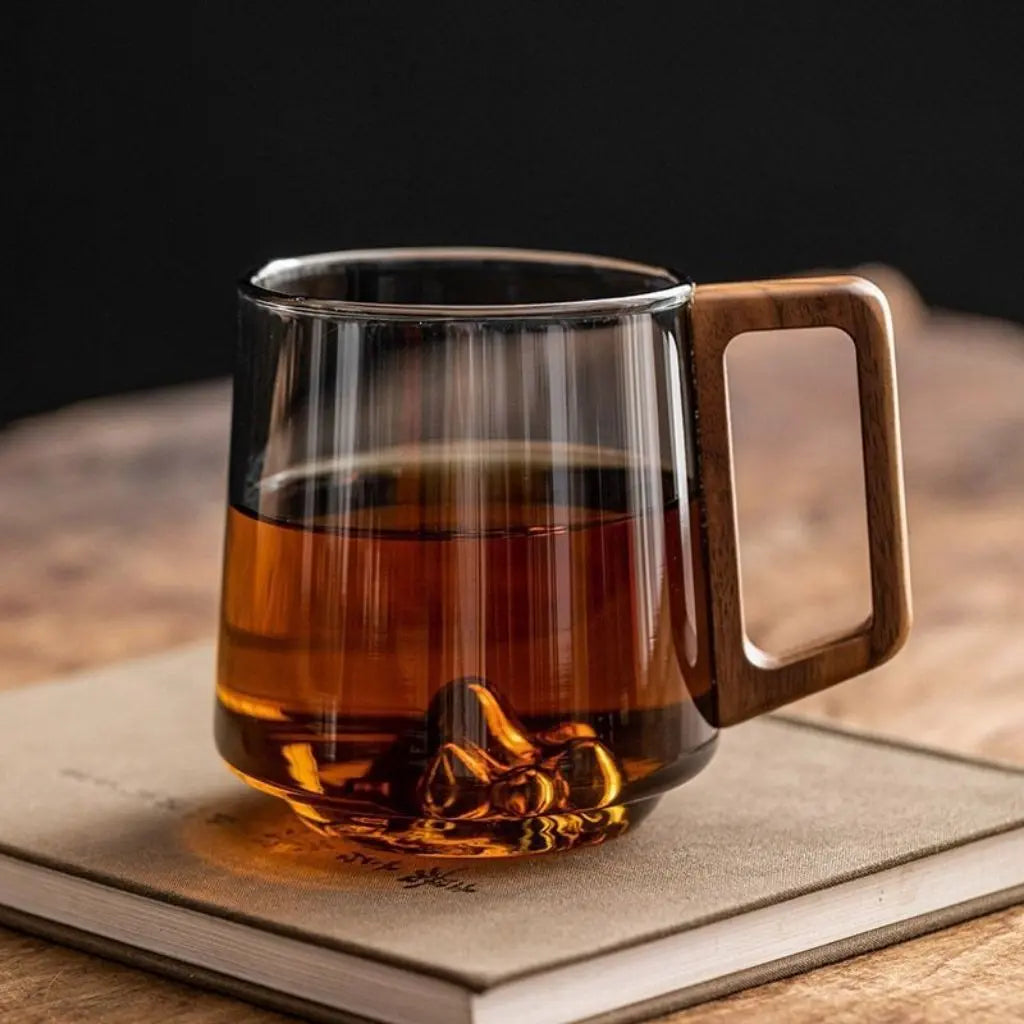 glass mug with wooden handle
