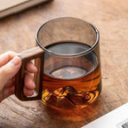 glass mug with wooden handle
