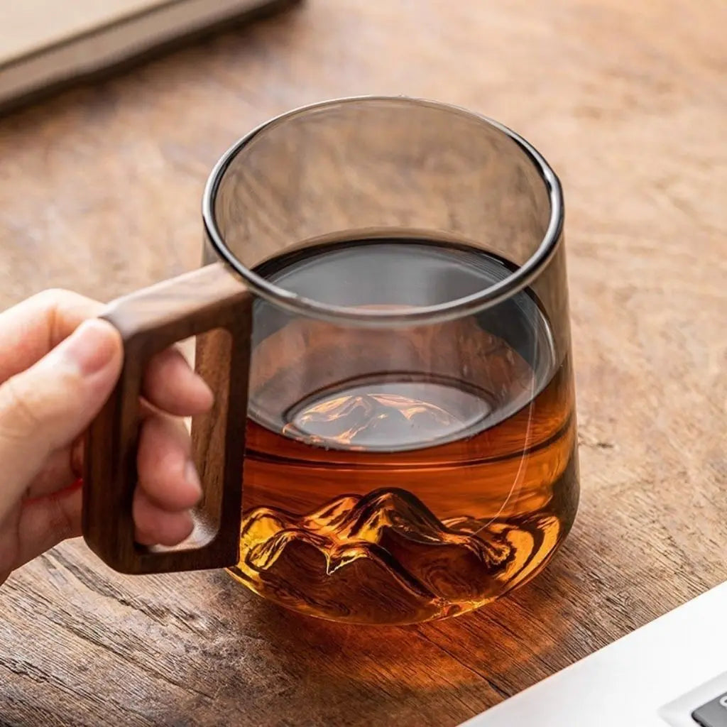 glass mug with wooden handle