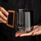 glass mug with wooden handle
