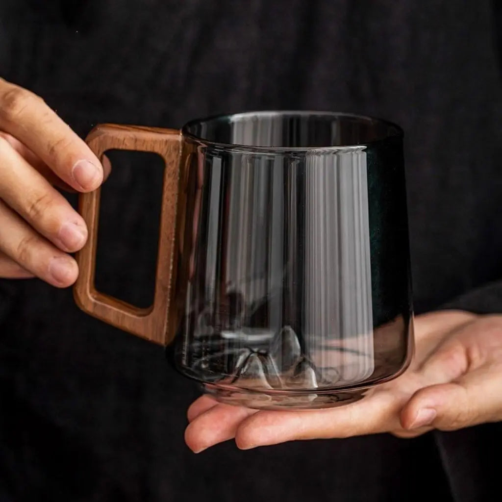 glass mug with wooden handle