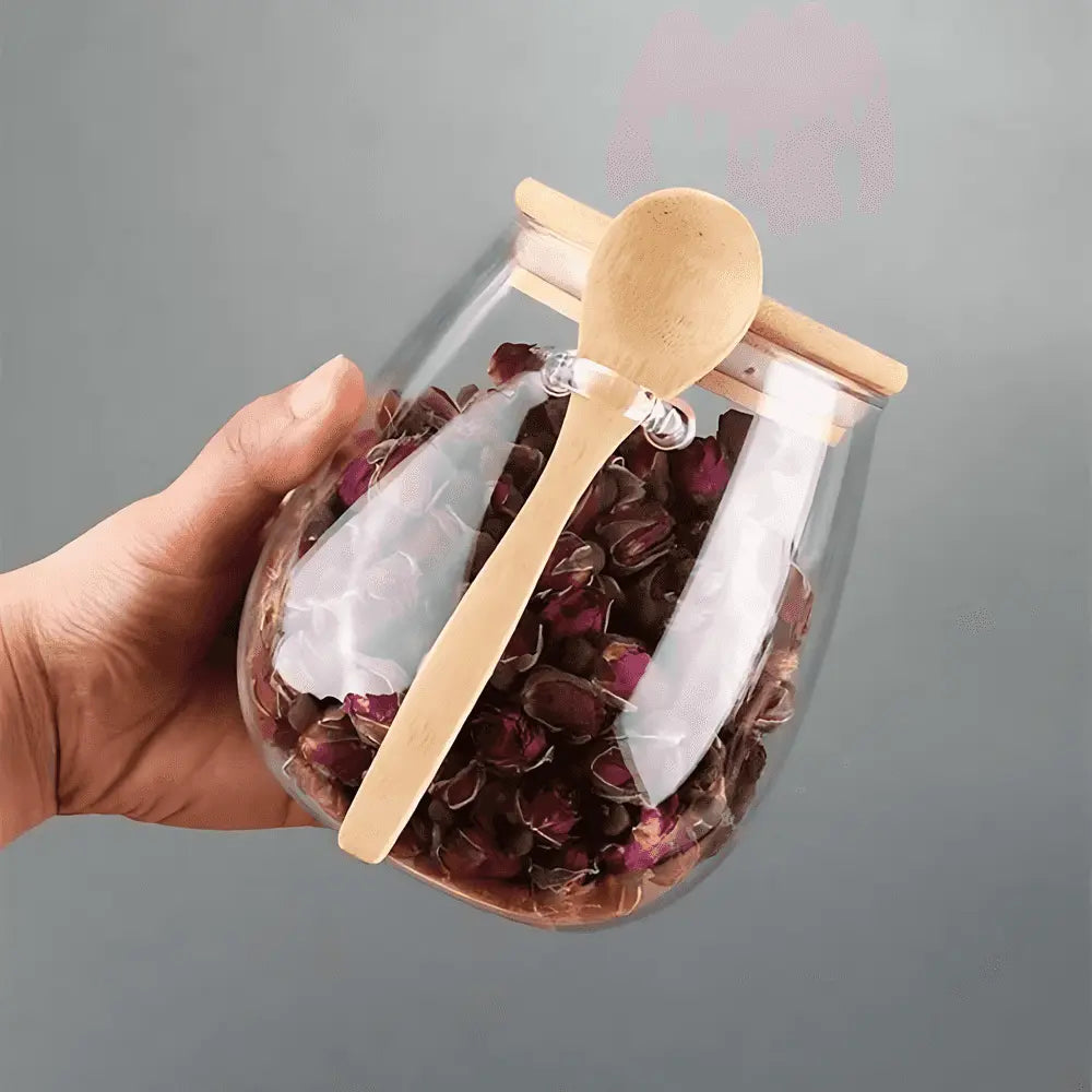 glass storage jar with spoon