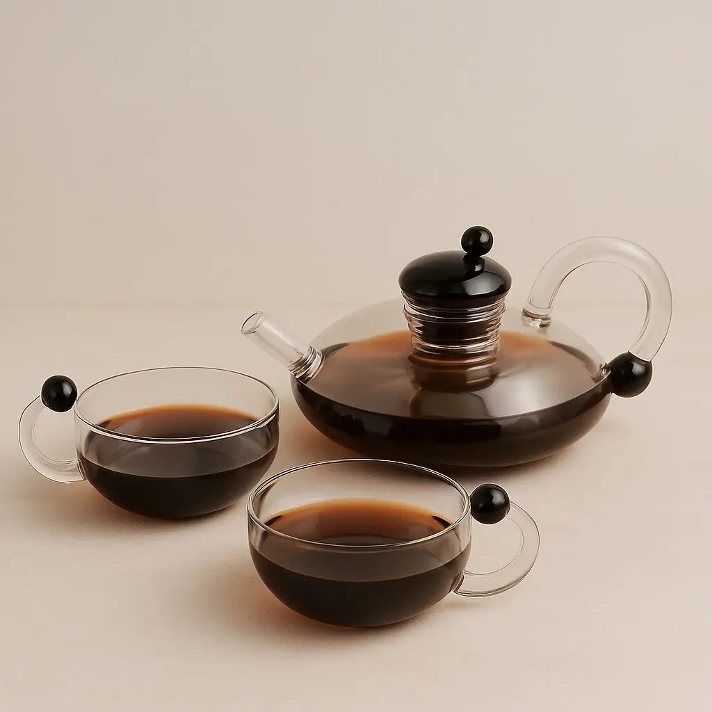 glass teapot set with cups in transparent