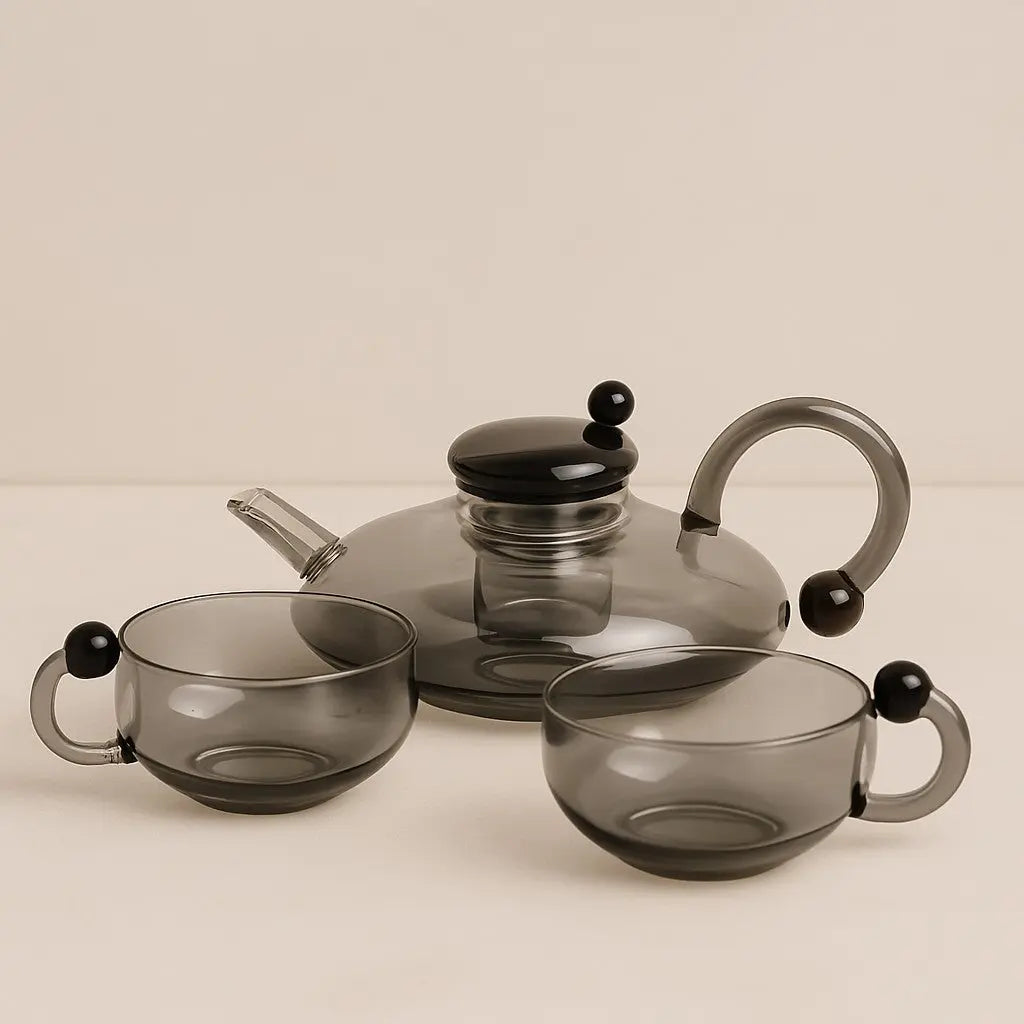 glass teapot set with cups in gray