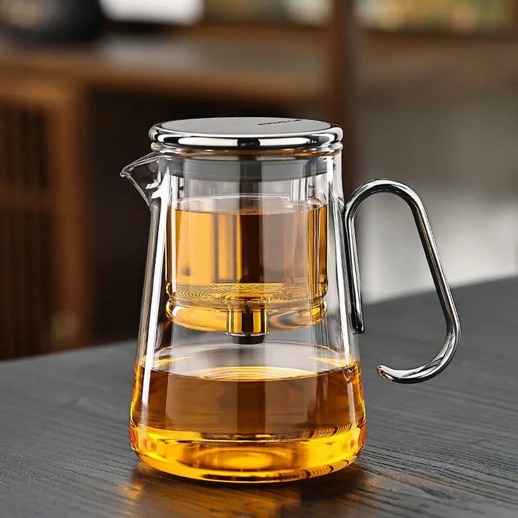 glass teapot with infuser and 4 cups in silver
