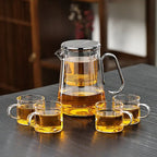 glass teapot with infuser and 4 cups in silver