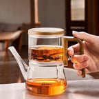 glass teapot with infuser and wooden handle