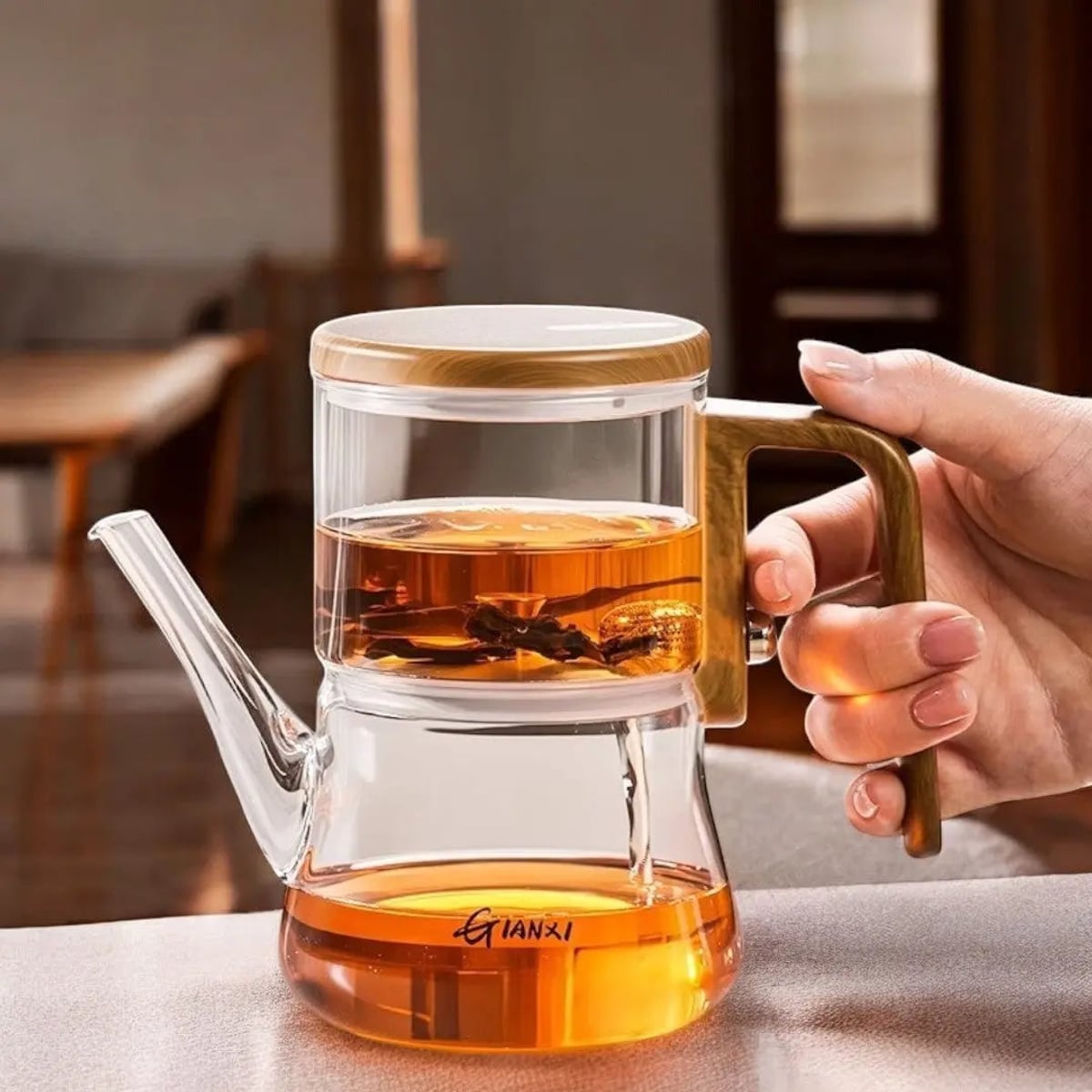 glass teapot with infuser and wooden handle