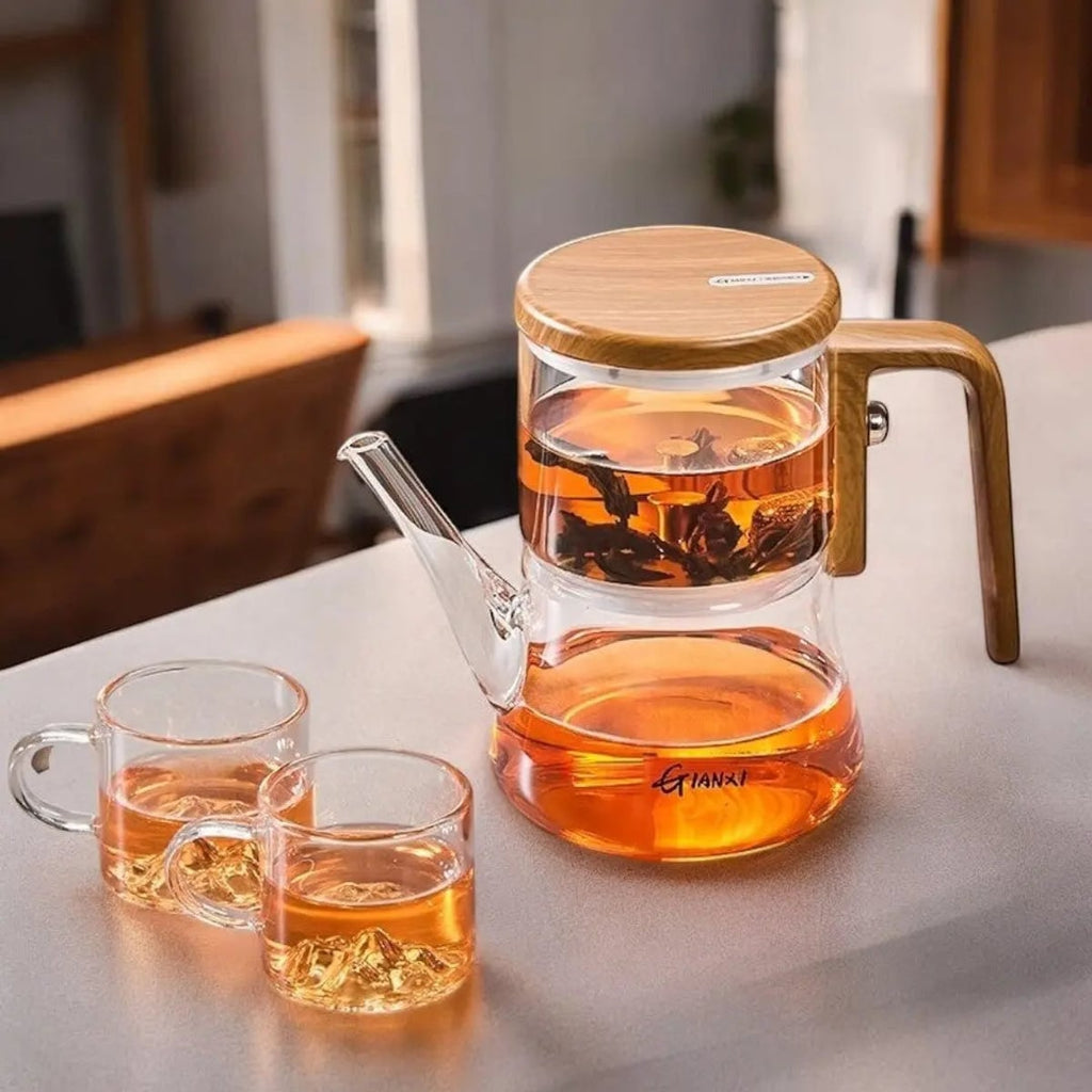 glass teapot with infuser and wooden handle