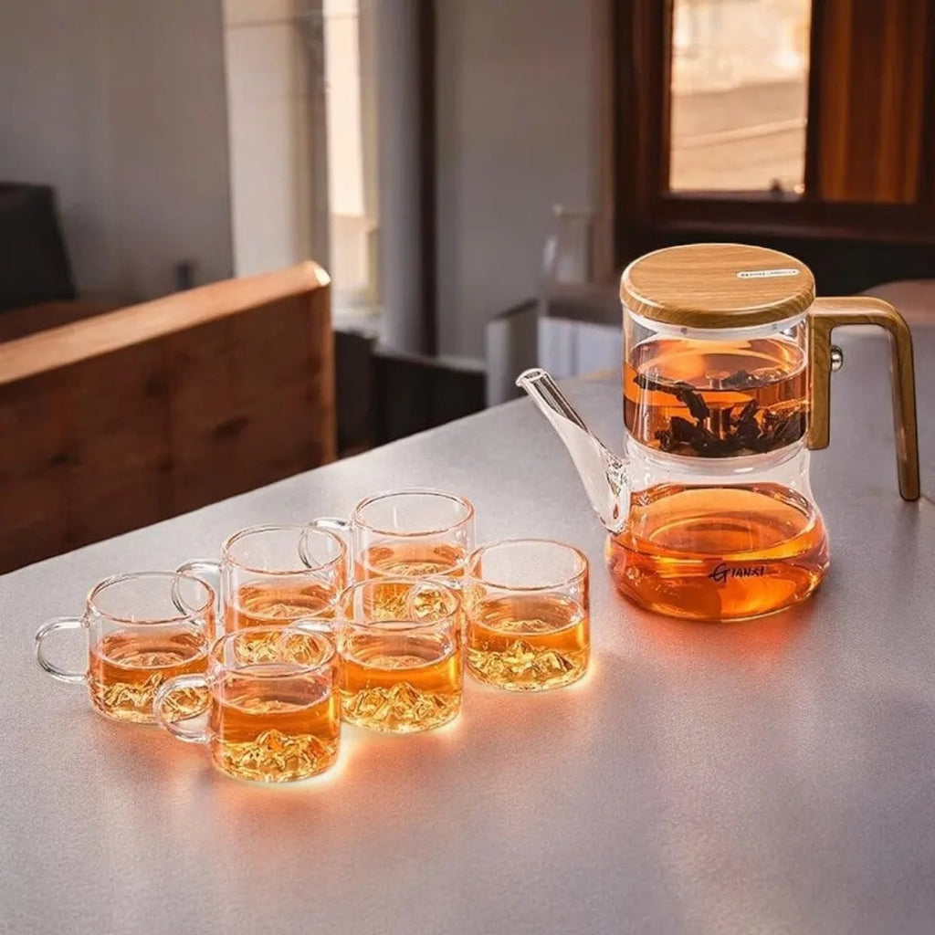 glass teapot with infuser and wooden handle