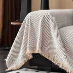 herringbone sofa cover with fringe trim in ivory sand