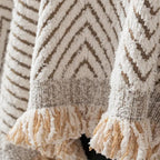 herringbone sofa cover with fringe trim in ivory sand