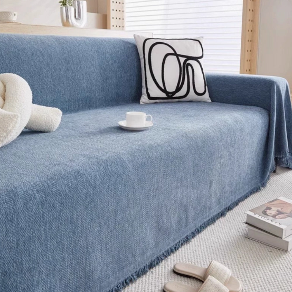 herringbone sofa cover with tassels in blue