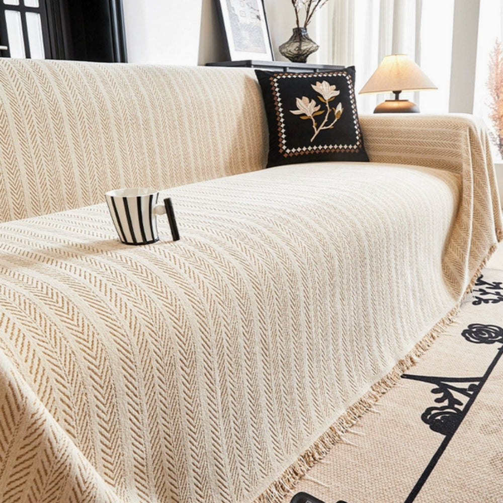herringbone tassel sofa cover in beige