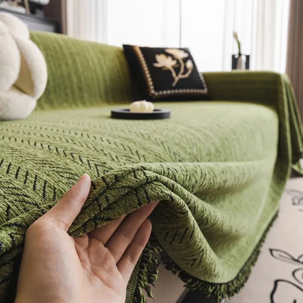 herringbone tassel sofa cover in green