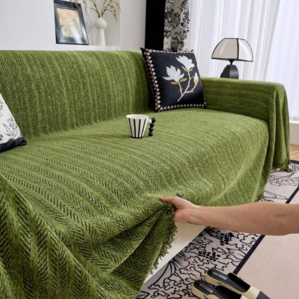 herringbone tassel sofa cover in green