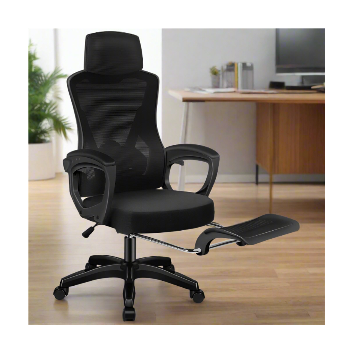 high-back mesh office chair with footrest and headrest in black