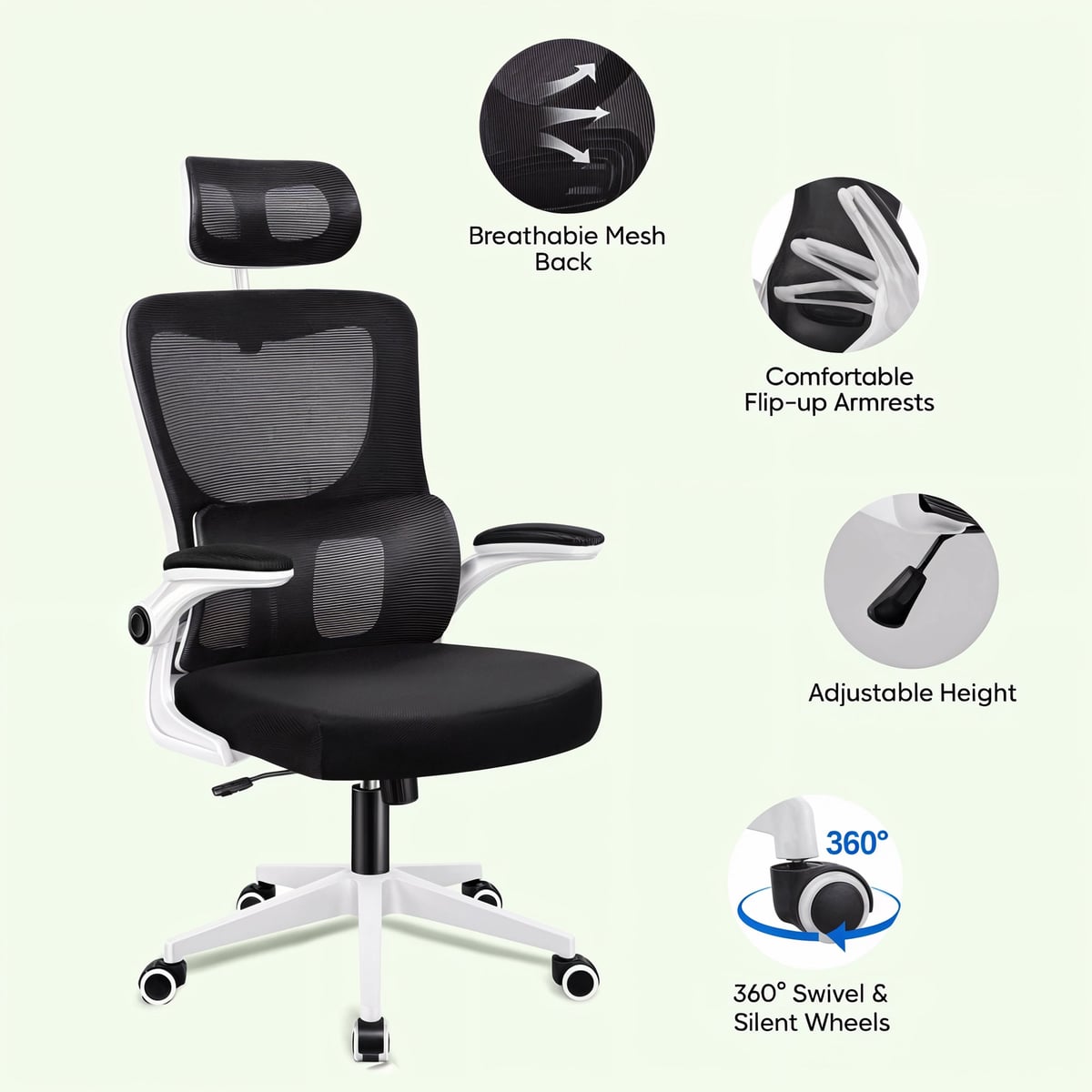 high-back mesh office chair with footrest and headrest in black & white