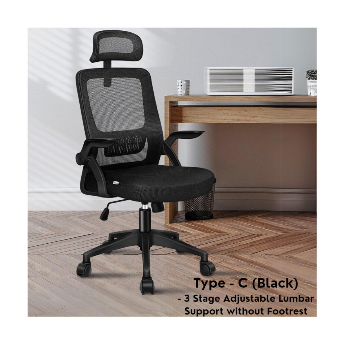 high-back mesh office chair with footrest and headrest in black