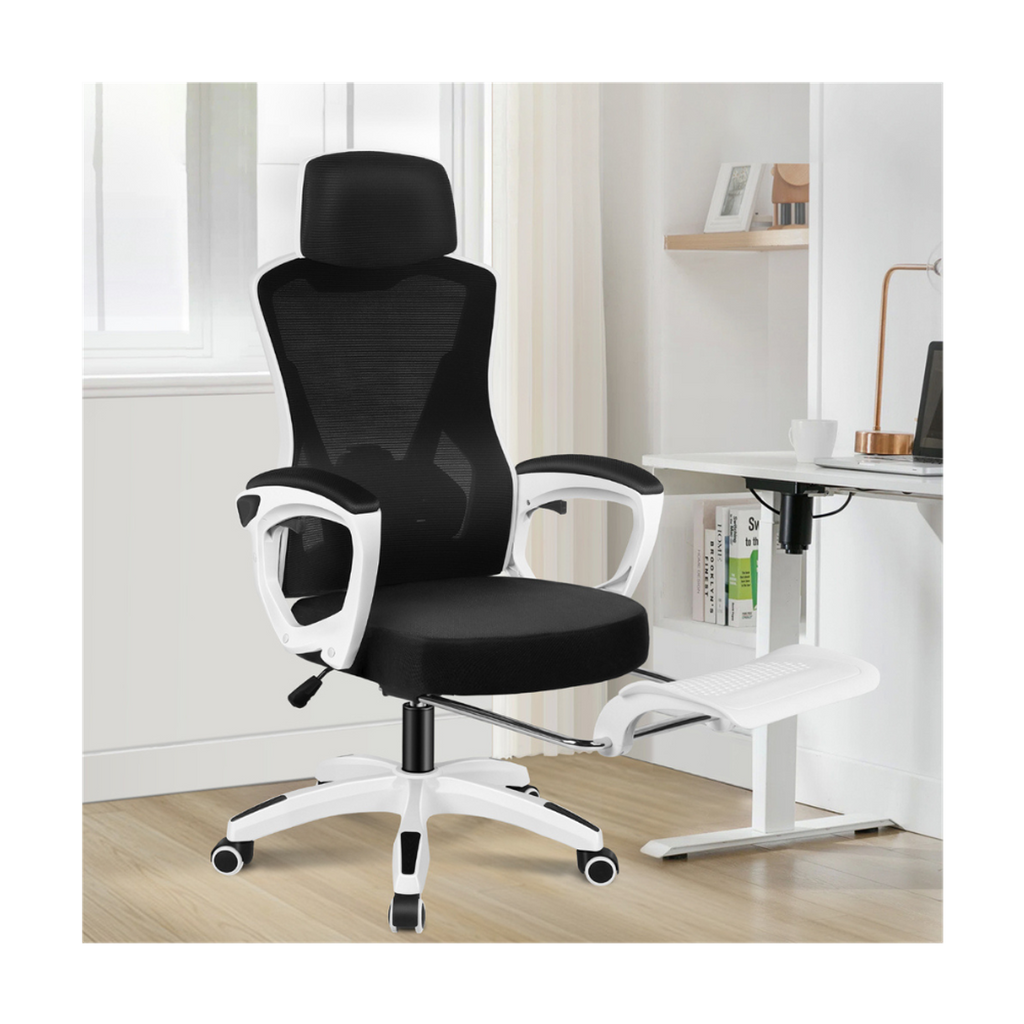 high-back mesh office chair with footrest and headrest in black & white