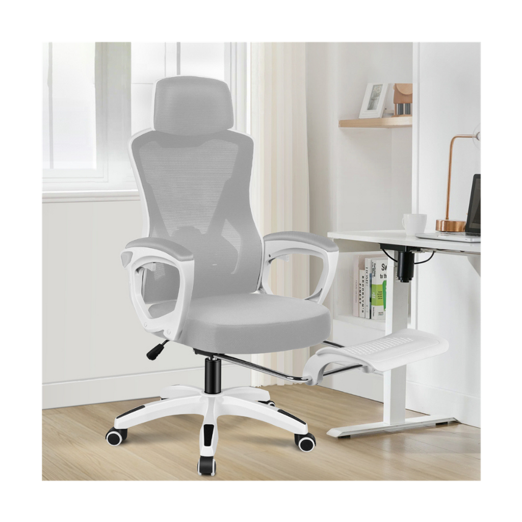 high-back mesh office chair with footrest and headrest in white