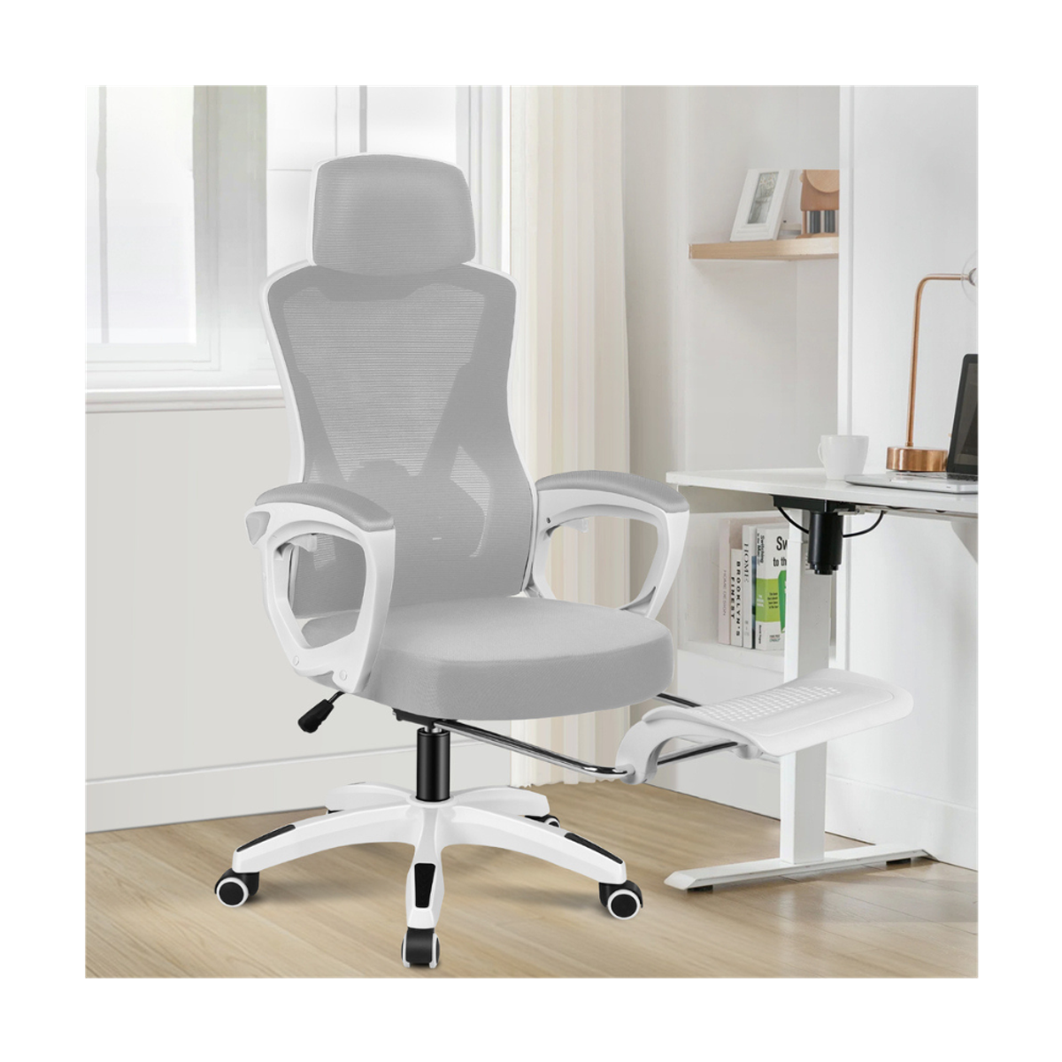 high-back mesh office chair with footrest and headrest in white