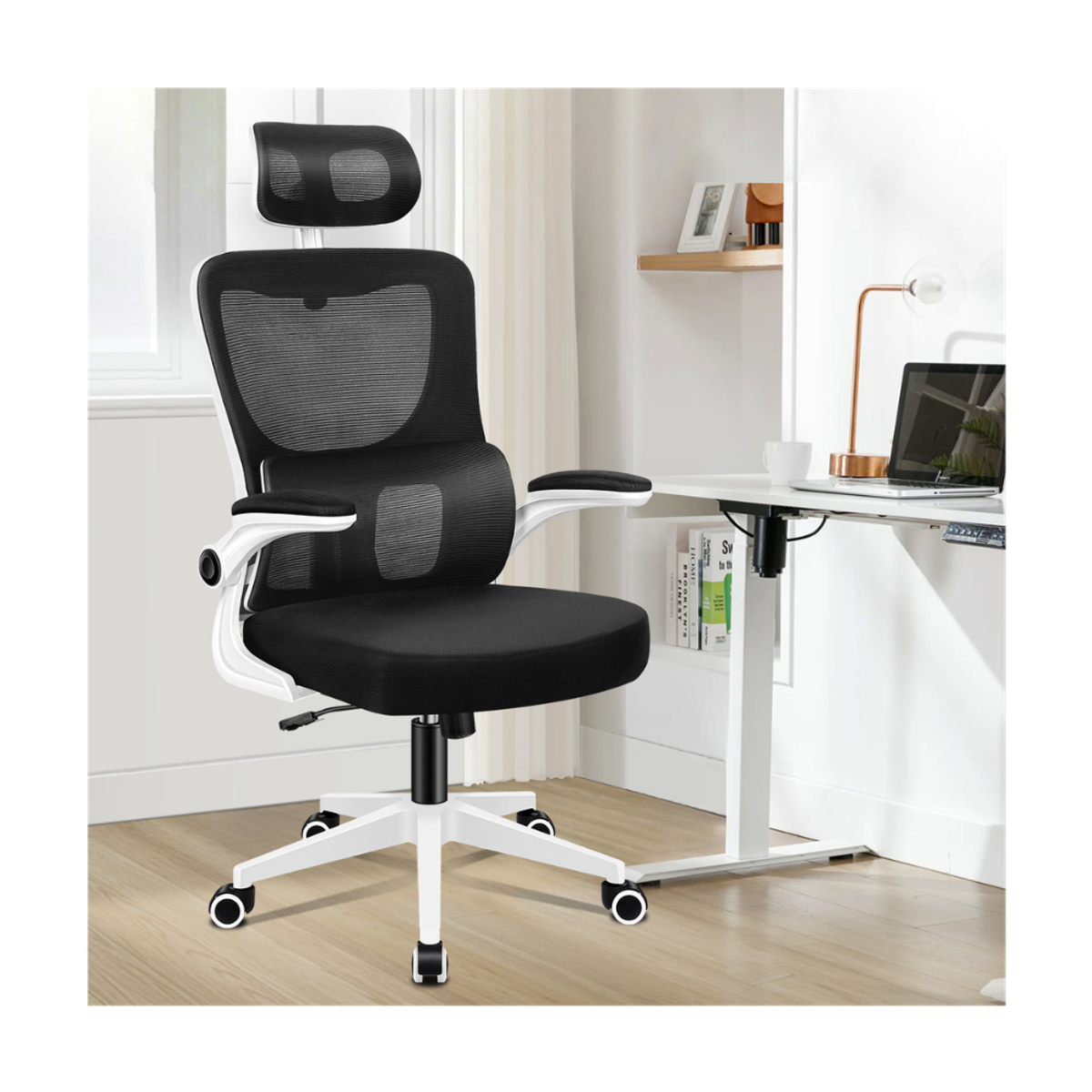 high-back mesh office chair with footrest and headrest in black & white