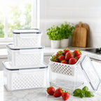 fridge storage containers with drain baskets