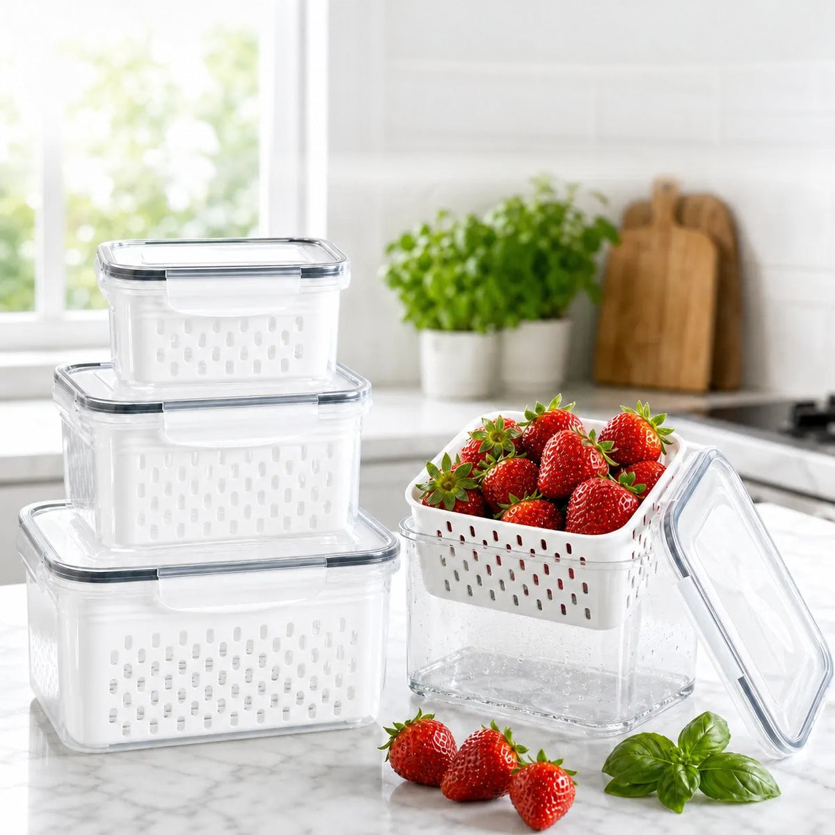 fridge storage containers with drain baskets