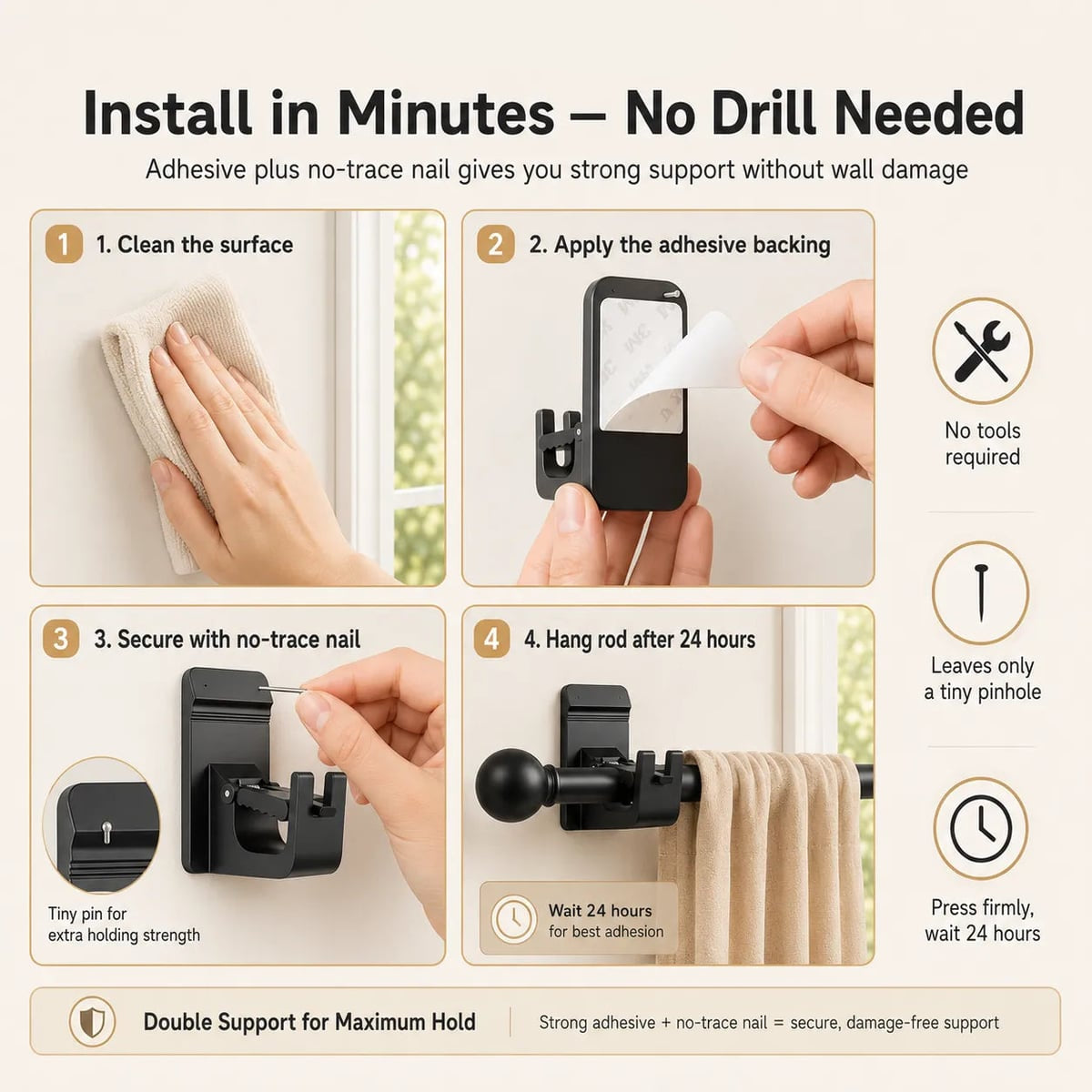 no-drill curtain rod brackets in black