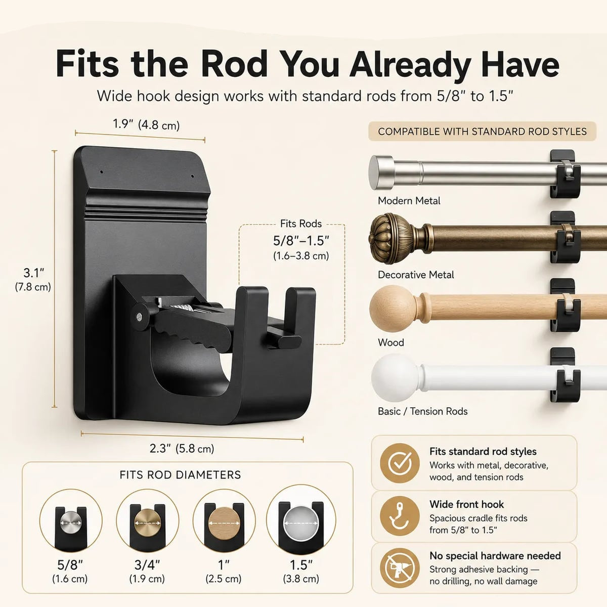 no-drill curtain rod brackets in black
