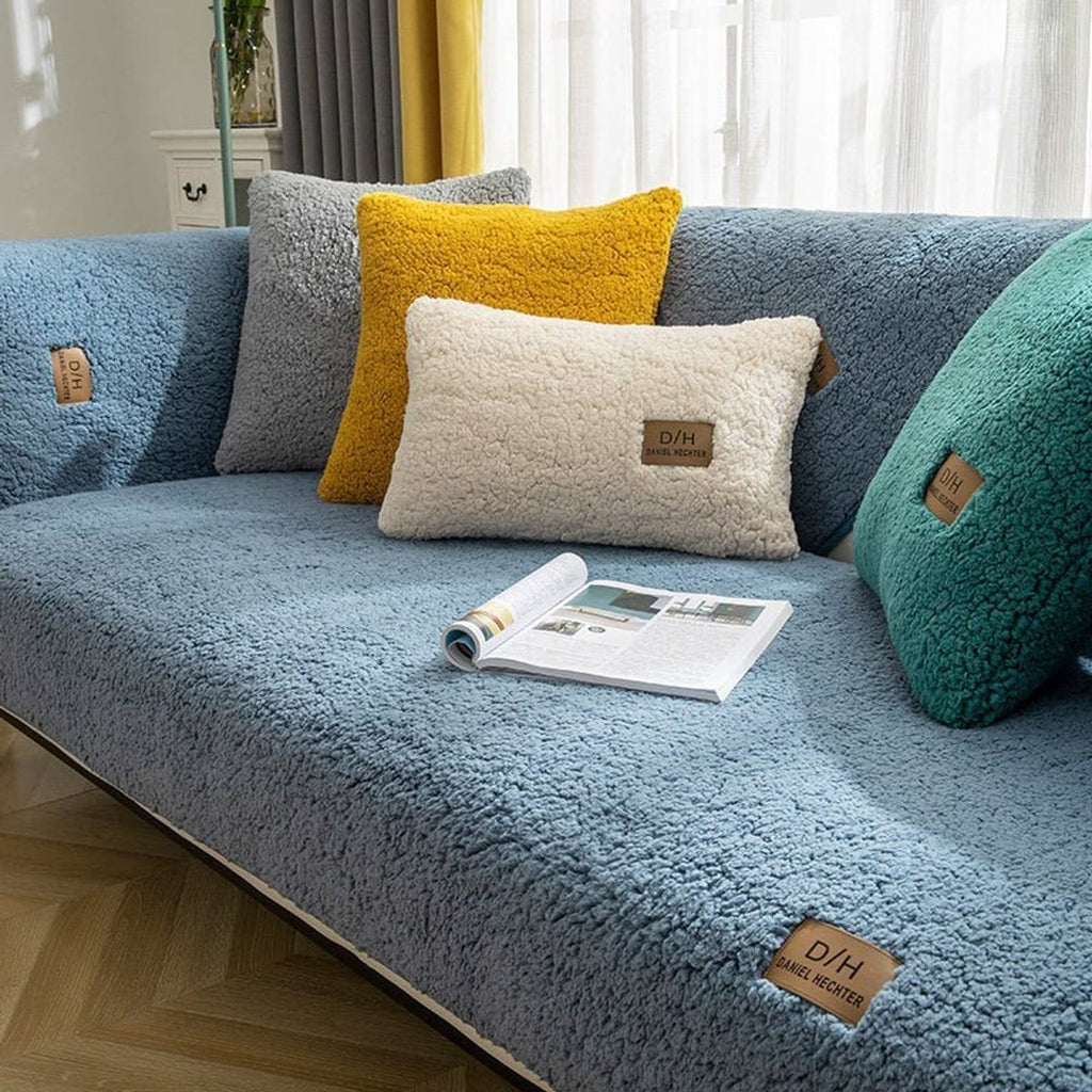 non-slip fleece sofa cover in blue