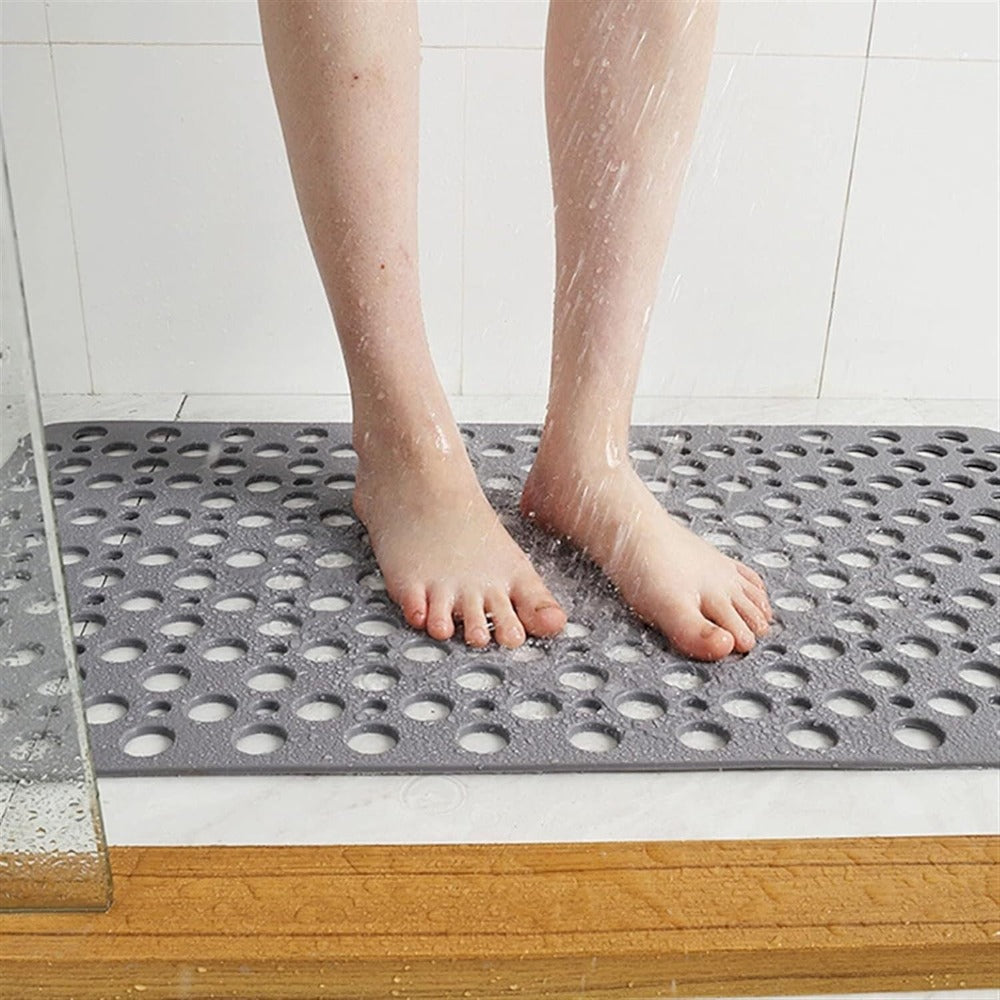 non-slip shower mat with drainage holes in grey