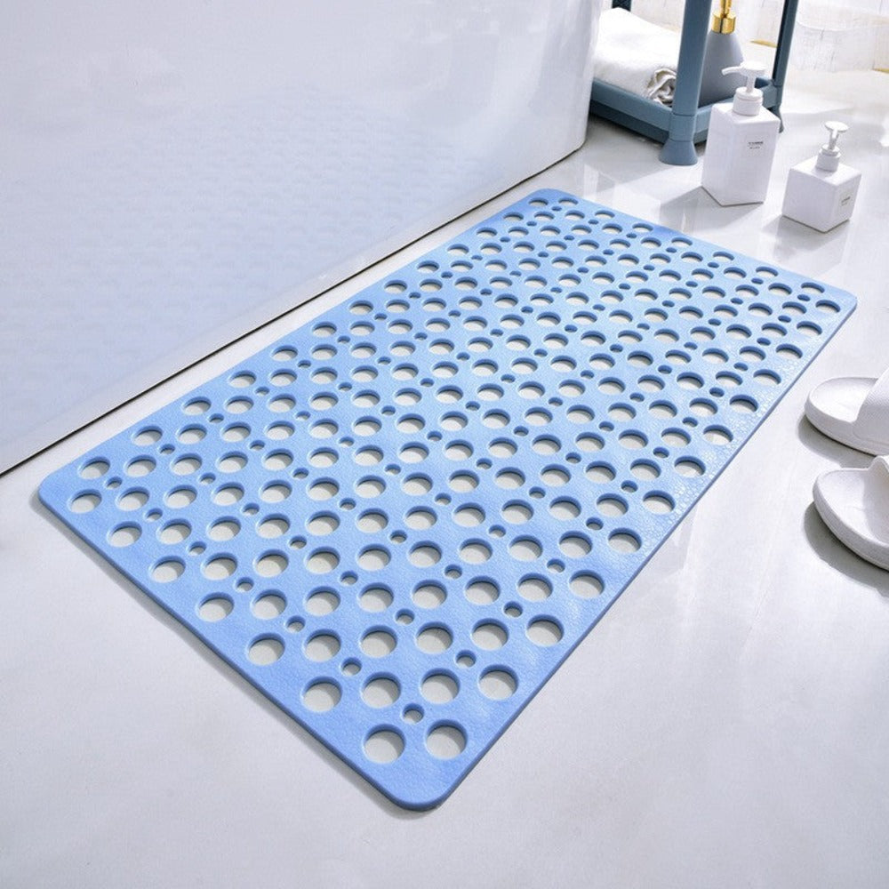 non-slip shower mat with drainage holes in blue