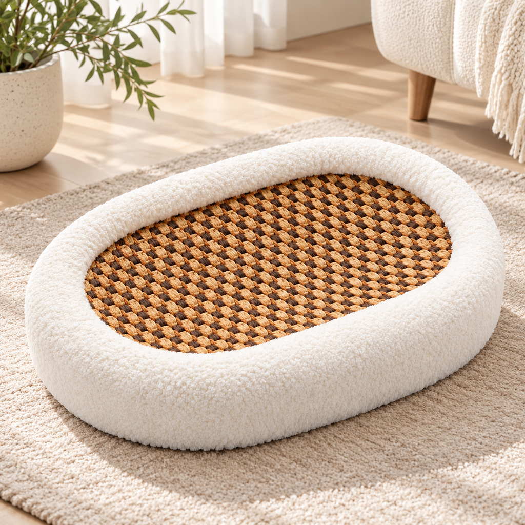 oval cat bed with woven scratching base