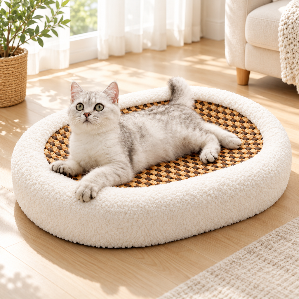 oval cat bed with woven scratching base
