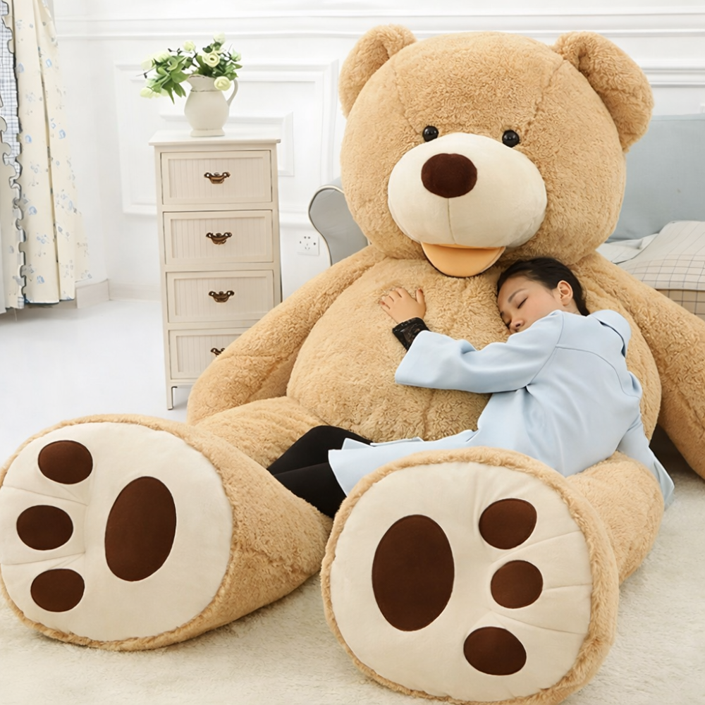 oversized giant plush teddy bear in light brown