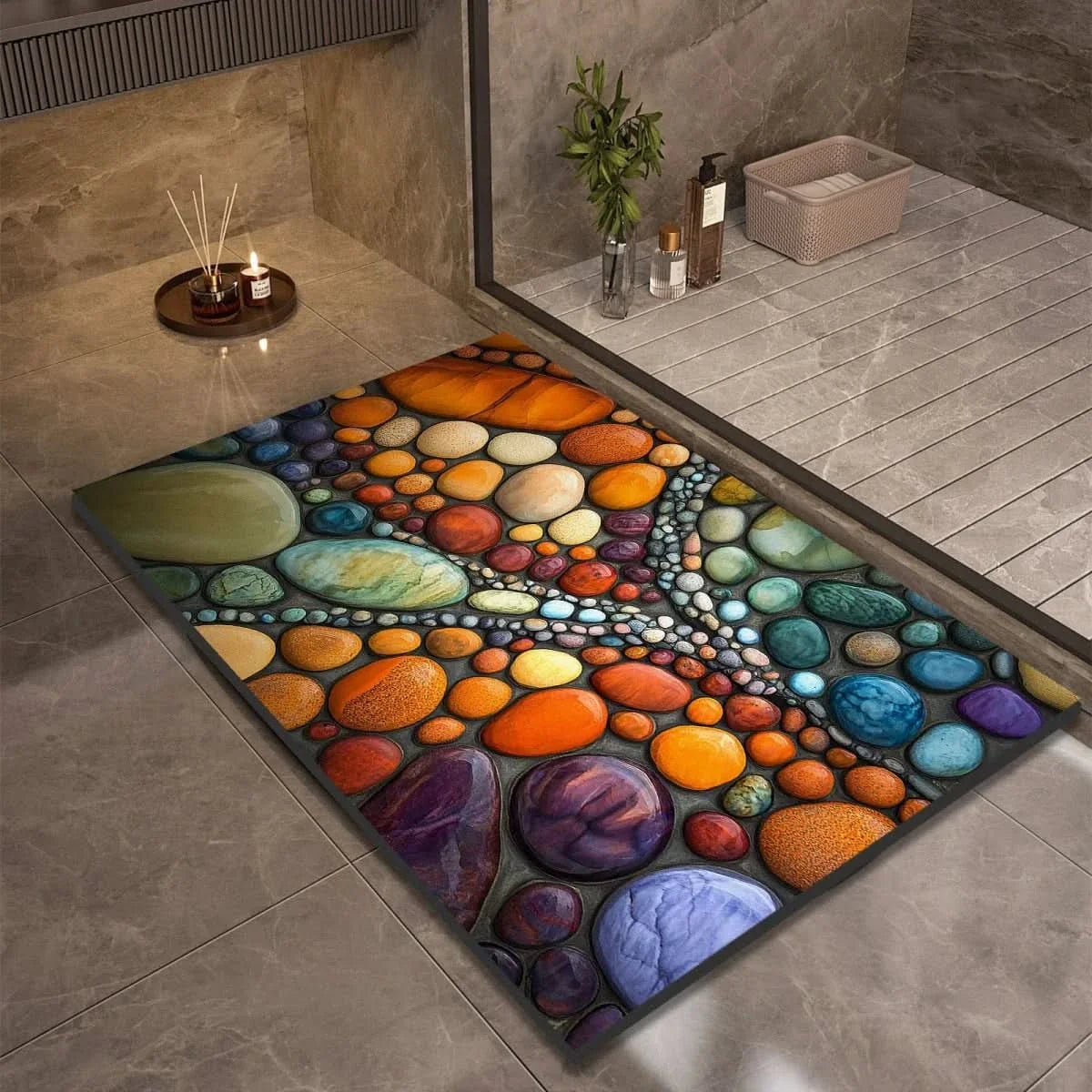 pebble print bath mat with anti-slip backing in 8