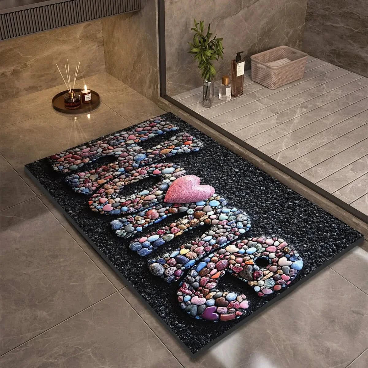 pebble print bath mat with anti-slip backing in 5