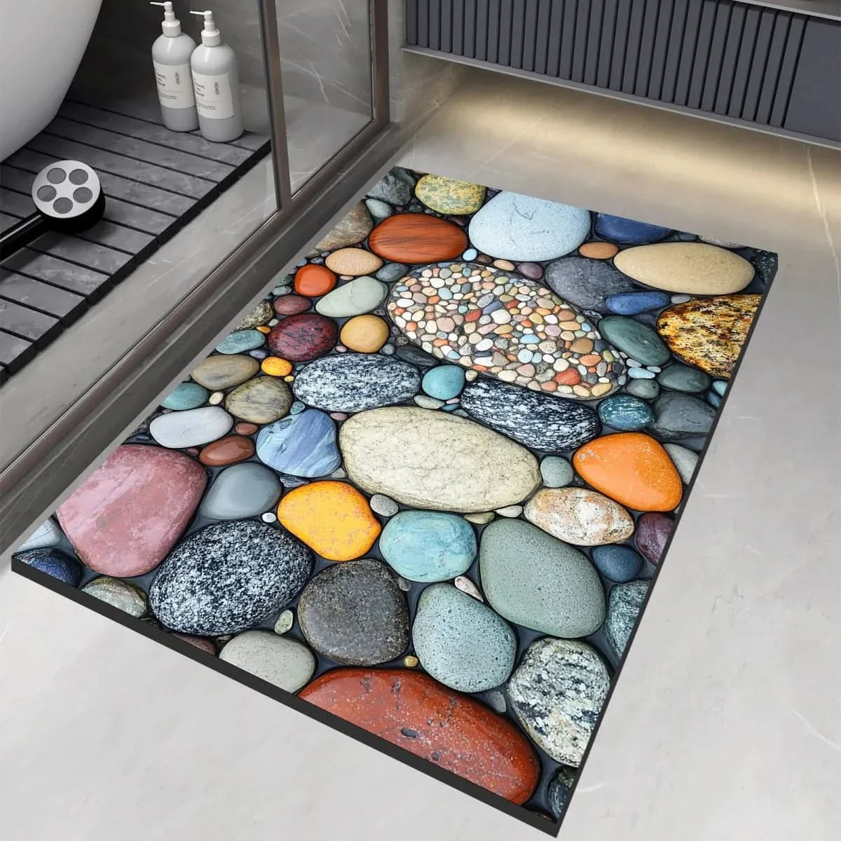 pebble print bath mat with anti-slip backing in 3