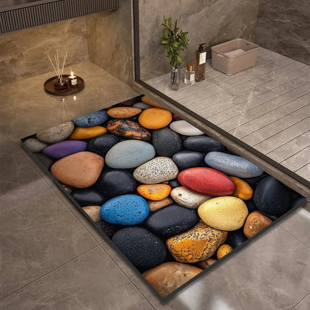 pebble print bath mat with anti-slip backing in 3