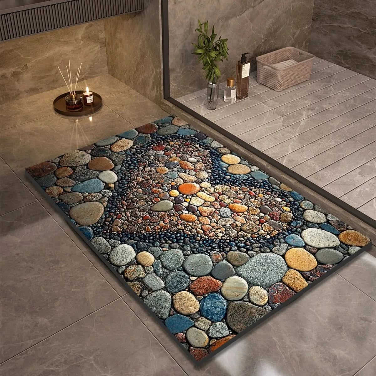 pebble print bath mat with anti-slip backing in 16